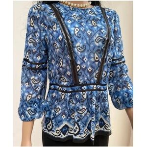 VERONICA BEARD BLUE WHITE CABO BOHO PAISLEY SHEER SILK BLOUSE LONG SLEEVE TOP